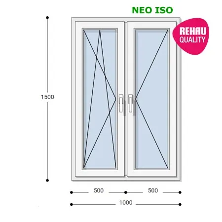 100x150 Műanyag ablak, Kétszárnyú, Bukó/Nyíló+Nyíló, Neo Iso Rehau