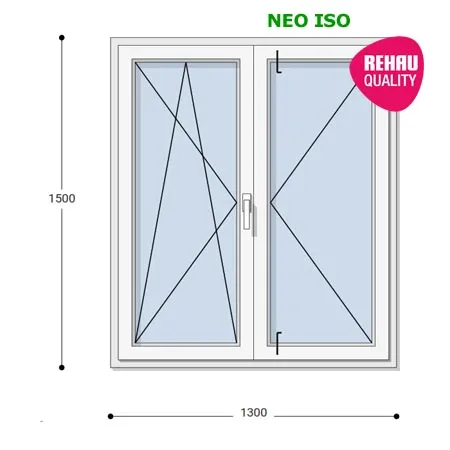 130x150 Műanyag ablak, Középen Felnyíló, Bukó/Nyíló+Nyíló, Neo Iso Rehau