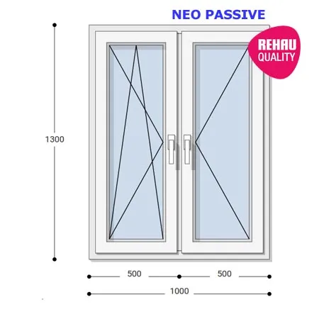 100x130 Műanyag ablak, Kétszárnyú, Bukó/Nyíló+Nyíló, Neo Passive Rehau