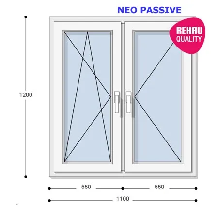 110x120 Műanyag ablak, Kétszárnyú, Bukó/Nyíló+Nyíló, Neo Passive Rehau
