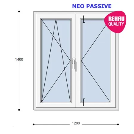 120x140 Műanyag ablak, Középen Felnyíló, Bukó/Nyíló+Nyíló, Neo Passive Rehau