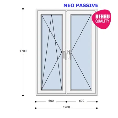 120x170 Műanyag ablak, Kétszárnyú, Bukó/Nyíló+Nyíló, Neo Passive Rehau