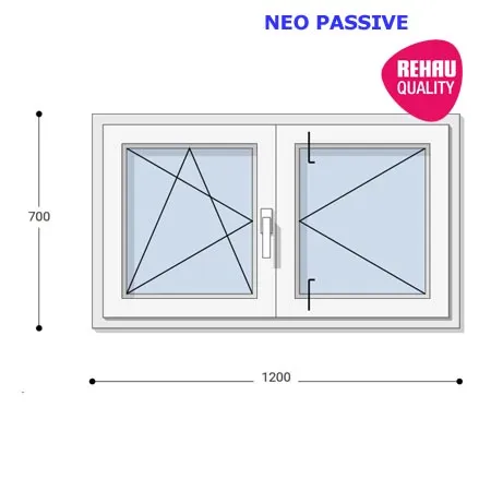 120x70 Műanyag ablak, Középen Felnyíló, Bukó/Nyíló+Nyíló, Neo Passive Rehau