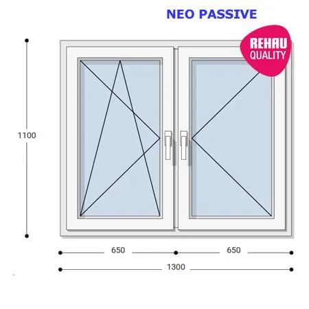 130x110 Műanyag ablak, Kétszárnyú, Bukó/Nyíló+Nyíló, Neo Passive Rehau
