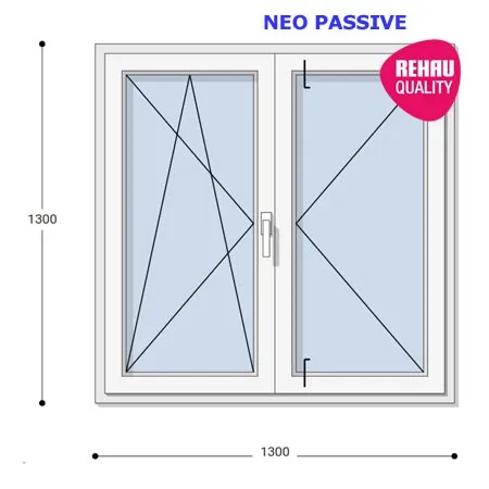 130x130 Műanyag ablak, Középen Felnyíló, Bukó/Nyíló+Nyíló, Neo Passive Rehau