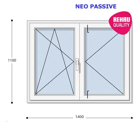 140x110 Műanyag ablak, Középen Felnyíló, Bukó/Nyíló+Nyíló, Neo Passive Rehau