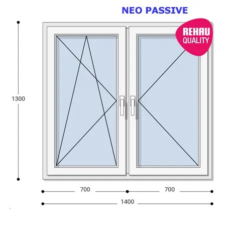 140x130 Műanyag ablak, Kétszárnyú, Bukó/Nyíló+Nyíló, Neo Passive Rehau