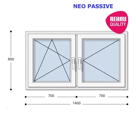 140x80 Műanyag ablak, Kétszárnyú, Bukó/Nyíló+Nyíló, Neo Passive Rehau
