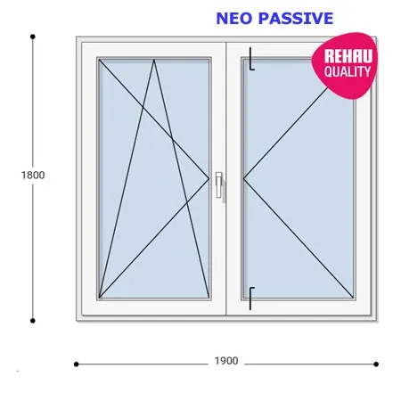 190x180 Műanyag erkélyajtó, Kétszárnyú, Bukó/Nyíló+Nyíló, Neo Passive Rehau