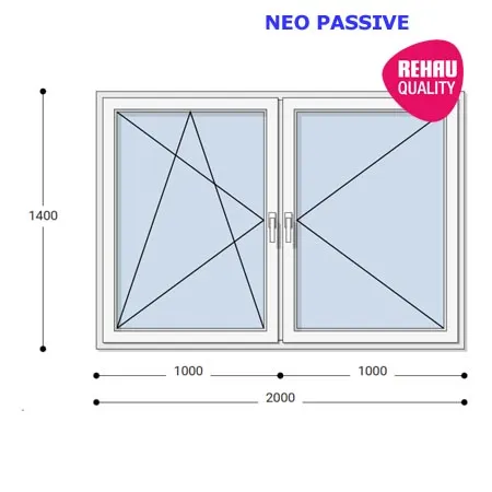 200x140 Műanyag ablak, Kétszárnyú, Bukó/Nyíló+Nyíló, Neo Passive Rehau