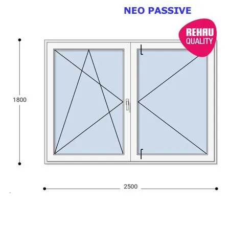 250x180 Műanyag erkélyajtó, Kétszárnyú, Bukó/Nyíló+Nyíló, Neo Passive Rehau