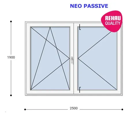 250x190 Műanyag erkélyajtó, Kétszárnyú, Bukó/Nyíló+Nyíló, Neo Passive Rehau