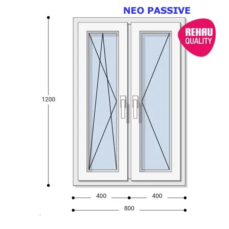 80x120 Műanyag ablak, Kétszárnyú, Bukó/Nyíló+Nyíló, Neo Passive Rehau
