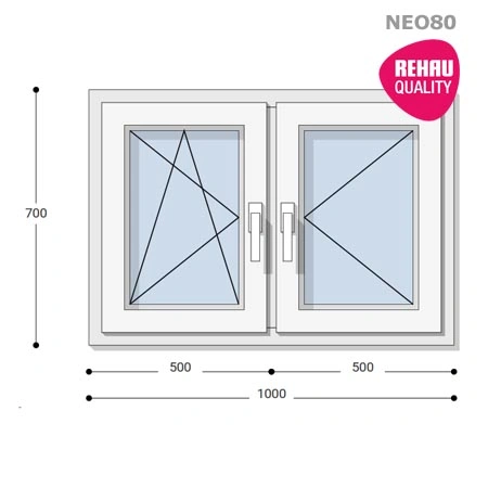100x70 Műanyag ablak, Kétszárnyú, Bukó/Nyíló+Nyíló, Neo80 Rehau