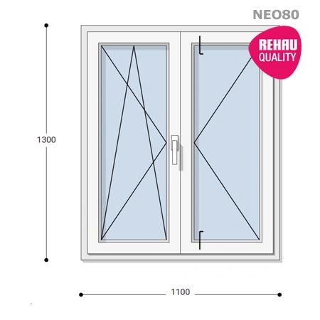 110x130 Műanyag ablak, Középen Felnyíló, Bukó/Nyíló+Nyíló, Neo80 Rehau
