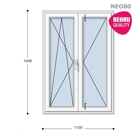 110x160 Műanyag ablak, Középen Felnyíló, Bukó/Nyíló+Nyíló, Neo80 Rehau