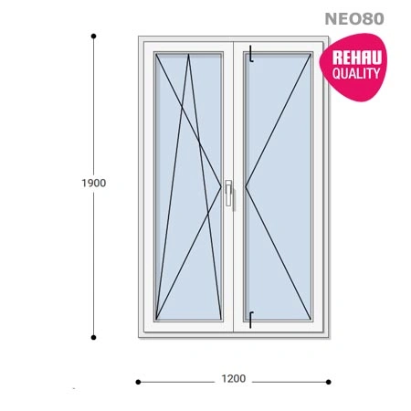 120x190 Műanyag ablak, Középen Felnyíló, Bukó/Nyíló+Nyíló, Neo80 Rehau