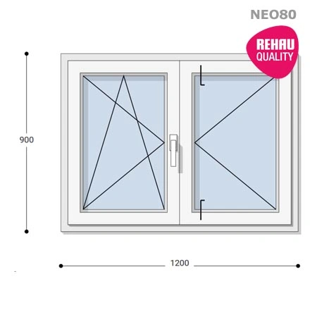 120x90 Műanyag ablak, Középen Felnyíló, Bukó/Nyíló+Nyíló, Neo80 Rehau