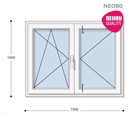 130x100 Műanyag ablak, Középen Felnyíló, Bukó/Nyíló+Nyíló, Neo80 Rehau