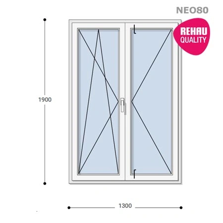 130x190 Műanyag ablak, Középen Felnyíló, Bukó/Nyíló+Nyíló, Neo80 Rehau