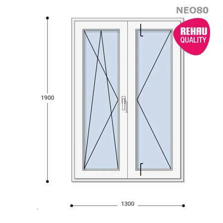 130x190 Műanyag erkélyajtó, Kétszárnyú, Bukó/Nyíló+Nyíló, Neo80 Rehau
