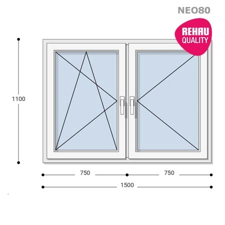 150x110 Műanyag ablak, Kétszárnyú, Bukó/Nyíló+Nyíló, Neo80 Rehau