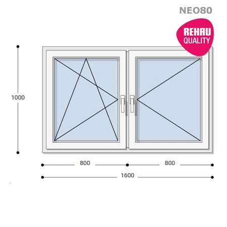 160x100 Műanyag ablak, Kétszárnyú, Bukó/Nyíló+Nyíló, Neo80 Rehau