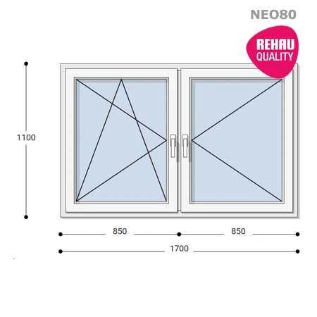 170x110 Műanyag ablak, Kétszárnyú, Bukó/Nyíló+Nyíló, Neo80 Rehau