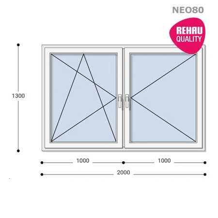 200x130 Műanyag ablak, Kétszárnyú, Bukó/Nyíló+Nyíló, Neo80 Rehau