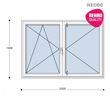 200x140 Műanyag ablak, Középen Felnyíló, Bukó/Nyíló+Nyíló, Neo80 Rehau