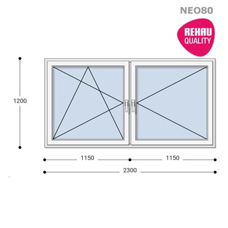 230x120 Műanyag ablak, Kétszárnyú, Bukó/Nyíló+Nyíló, Neo80 Rehau